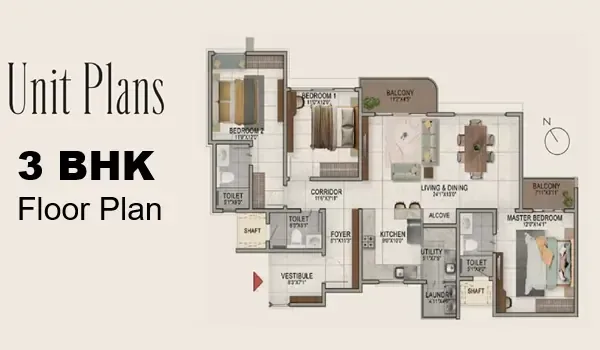3 BHK two toilet floor plan of 1,310 to 1,420 sq. ft. apartment at Sattva Courtyard near Varthur Lake
