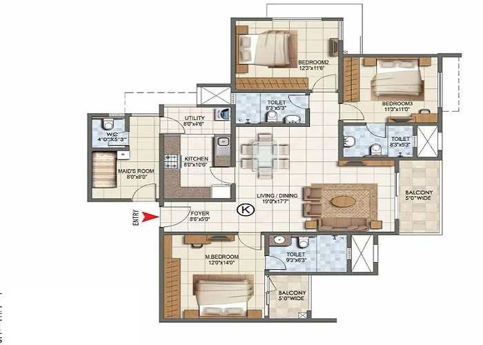 3 BHK three toilet floor plan measuring 1,532 to 1,800 sq. ft. at Sattva Courtyard high-rise Bengaluru
