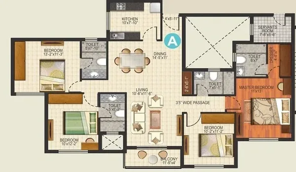 4 BHK with servant room floor plan of 2,040 to 2,310 sq. ft. at Sattva Courtyard East Bengaluru