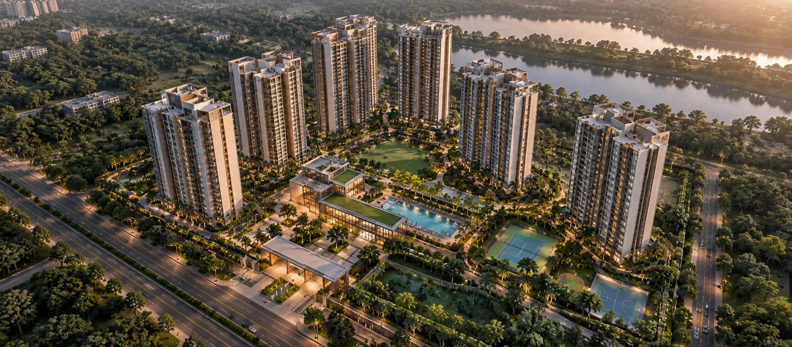 Aerial site layout of Sattva Courtyard showing eight towers arranged around a central landscaped amenity spine