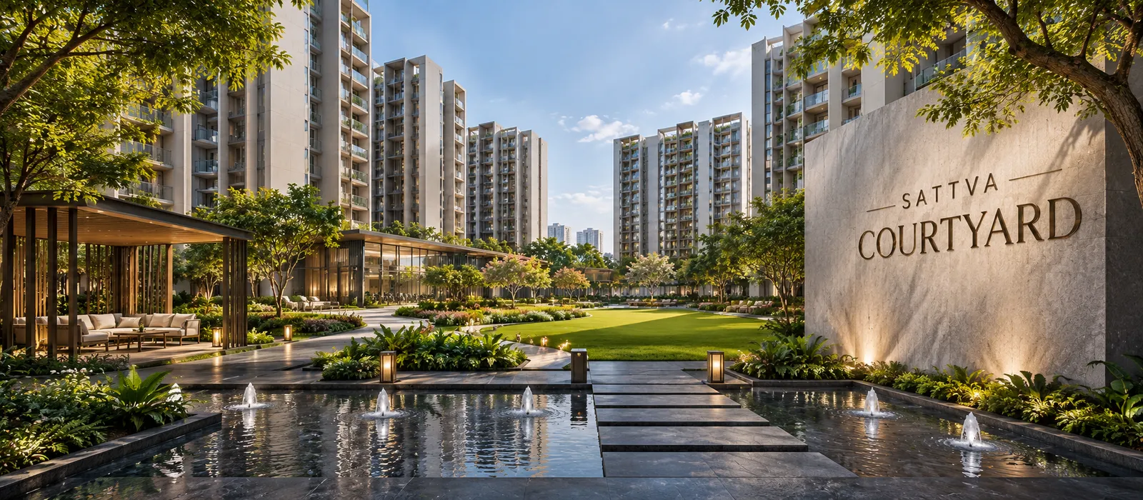 Signature entrance plaza with reflecting water features and residential towers at Sattva Courtyard Bengaluru