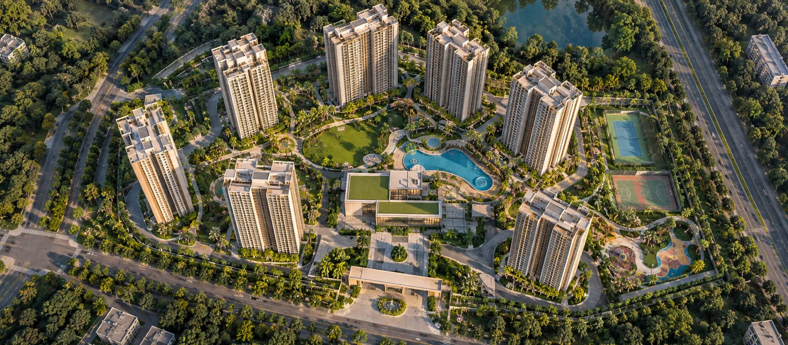 Daytime view of landscaped plaza between residential towers and the amenity block at Sattva Courtyard