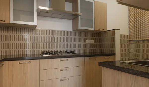 Modular kitchen interior with counter and overhead storage in a Sattva Courtyard apartment