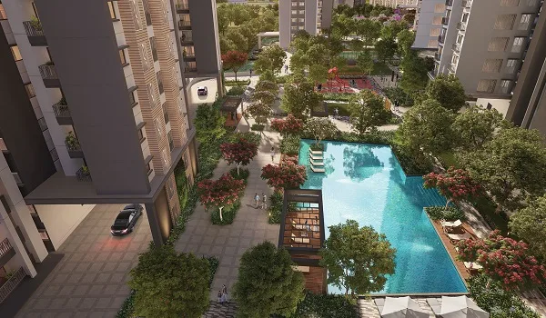 Landscaped pool zone within the dedicated amenity block at Sattva Courtyard Varthur Bengaluru
