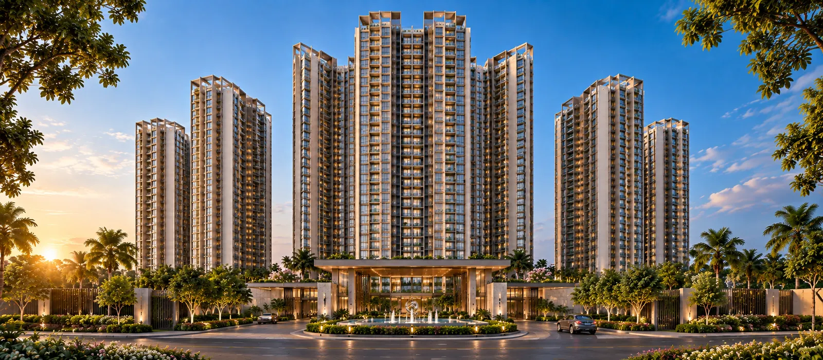 Illuminated high-rise tower elevation rising up to 33 floors at Sattva Courtyard Varthur Gunjur Road