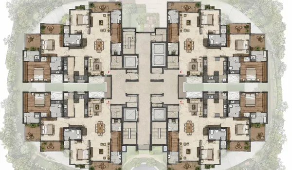 Typical tower floor plate drawing showing how apartments are arranged around a central lift and staircase core